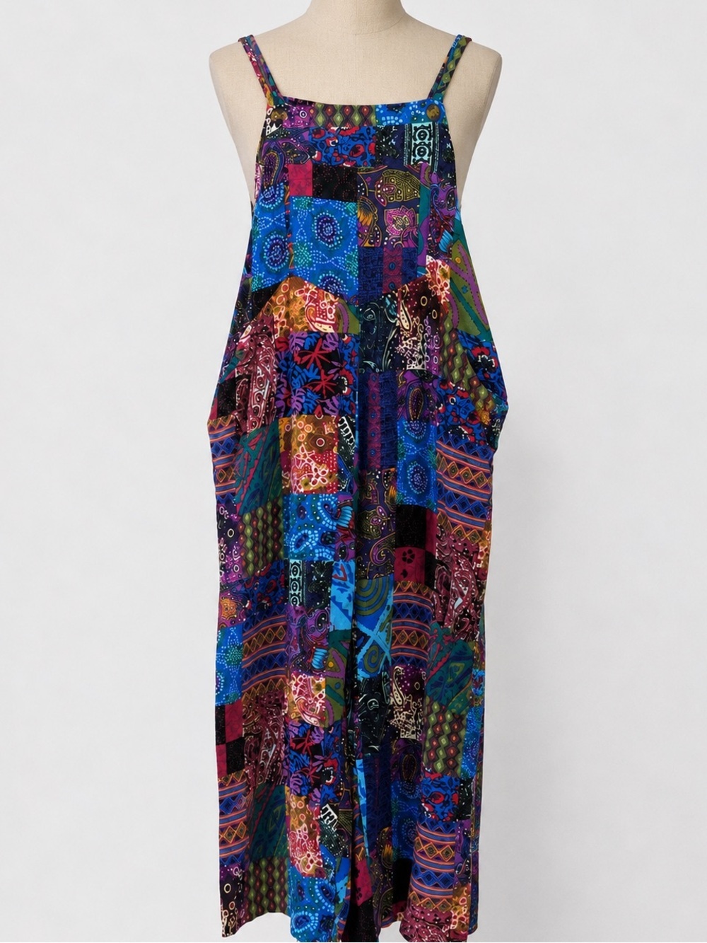 Patchwork Dual Pocket Jumpsuit Loose Floral Print Bohemian Wide Leg Bib Overall